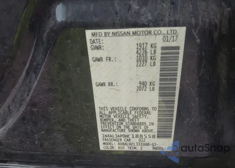 2017 Nissan Altima 2.5 Sr from USA, damaged, VIN 1N4AL3AP0HC188558